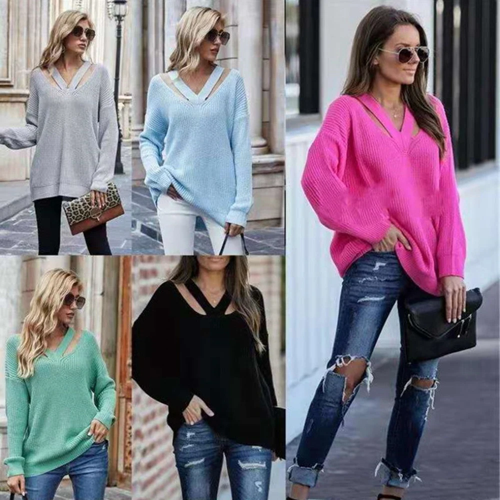 

Women's Fashion V-neck Sweater Casual Pullover Winter Women's Fashion Super Large Korean Pure Color Long Sleeve Sweater Knitwear