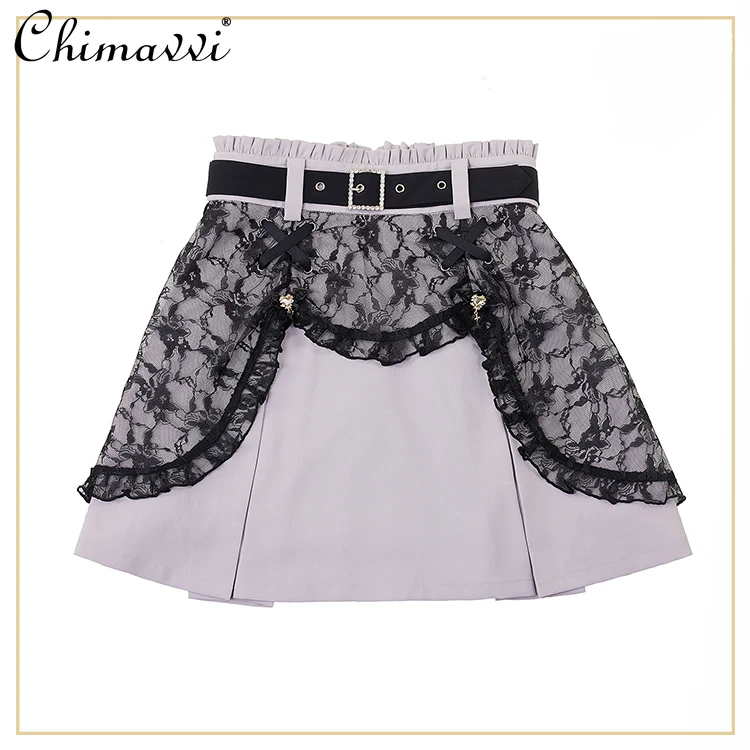 

Japanese Style Lace Drill Buckle Belt Double Layer Skirt 2023 Autumn New Lolita High Waist Slim Skirt Short Elegant Women Skirts