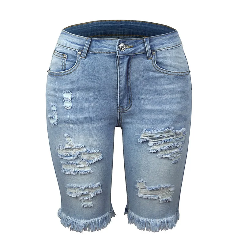 Women Summer Denim Shorts  knee Length Ripped Hole Stretch Jeans Short Pants Ladies Tassel Shorts