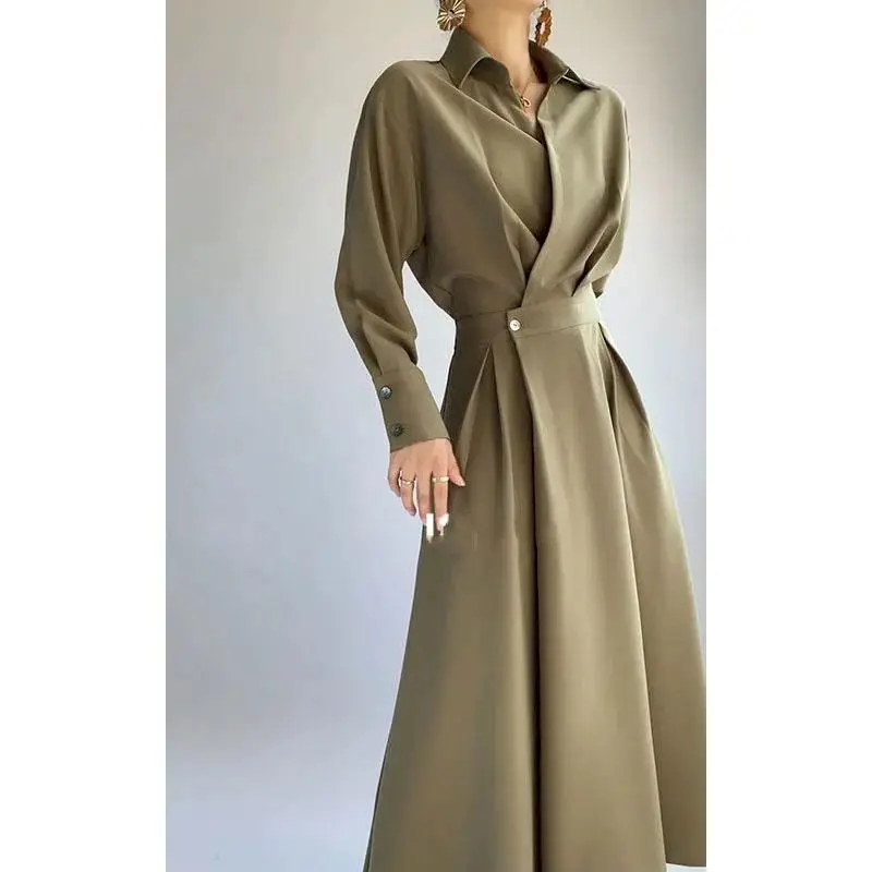 

Fonekie Korean Simple OPLO Collar Dresses Women 201 New Autumn Fashion Ins Waist Slim Casual Elegant Skirt Womens Dress