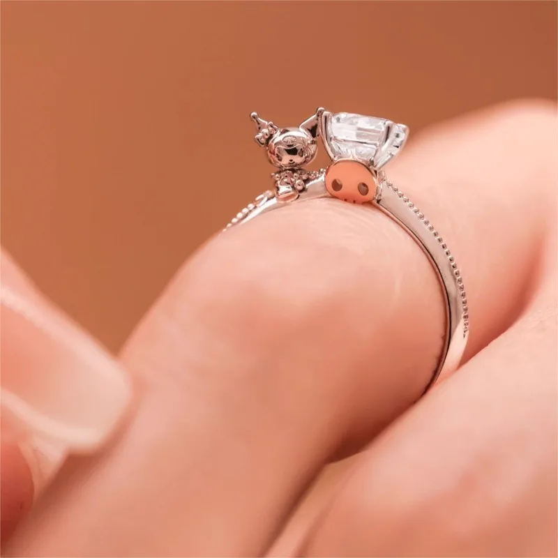 

Kawaii Sanrio Anime Kuromi 925 Silver Ring Cute Cartoon Lovely Niche Adjustable Designed Gemstone Sweet Originality Gifts Girls