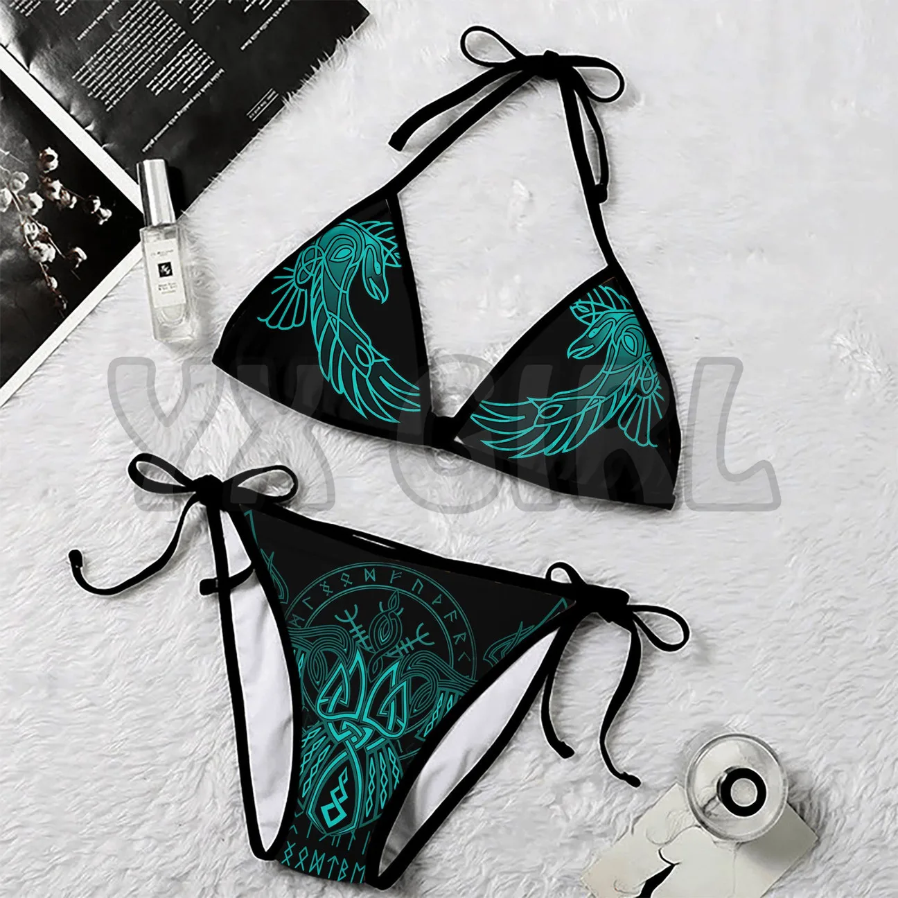 Three Raven and Helm of Awe Cyan 2 Piece  3D All Over Printed Sexy Bikini Summer Women For Girl Beach Swimsuit Cosplay Clothes