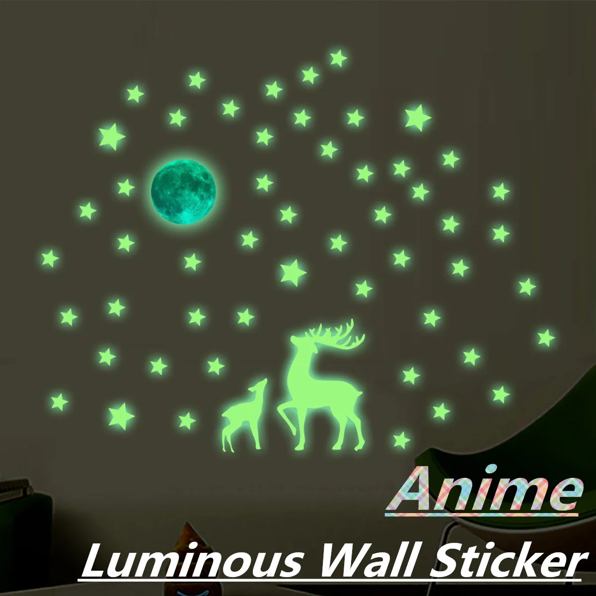 

4pcs 2022 Manga Luminous Wall Stickers Children's Room Bedroom DIY Home Decoration Supplies Cute Anime Moon Stars Deer Stickers