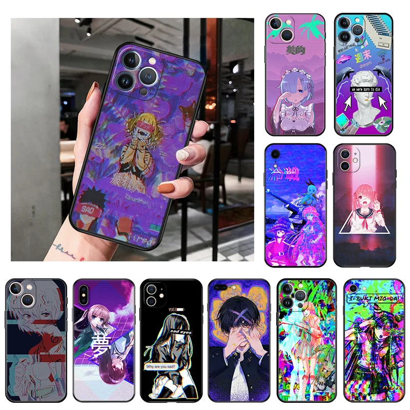 

Silicone Black Phone Cases Cover for iPhone 11 14 Pro Max 12 13 Mini XR SE 7 8 6 6s Plus XS X SE3 11Pro Vaporwave Girl Anime