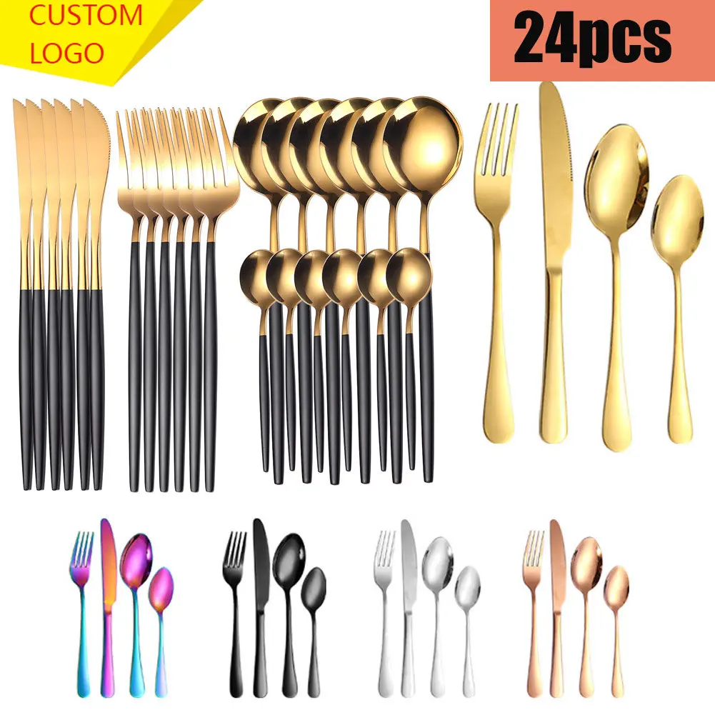 Custom Logo Engraved Name 24pcs Upscale Gold Dinnerware Set Stainless Steel Tableware Set Knife Fork Coffee Spoon Flatware Set