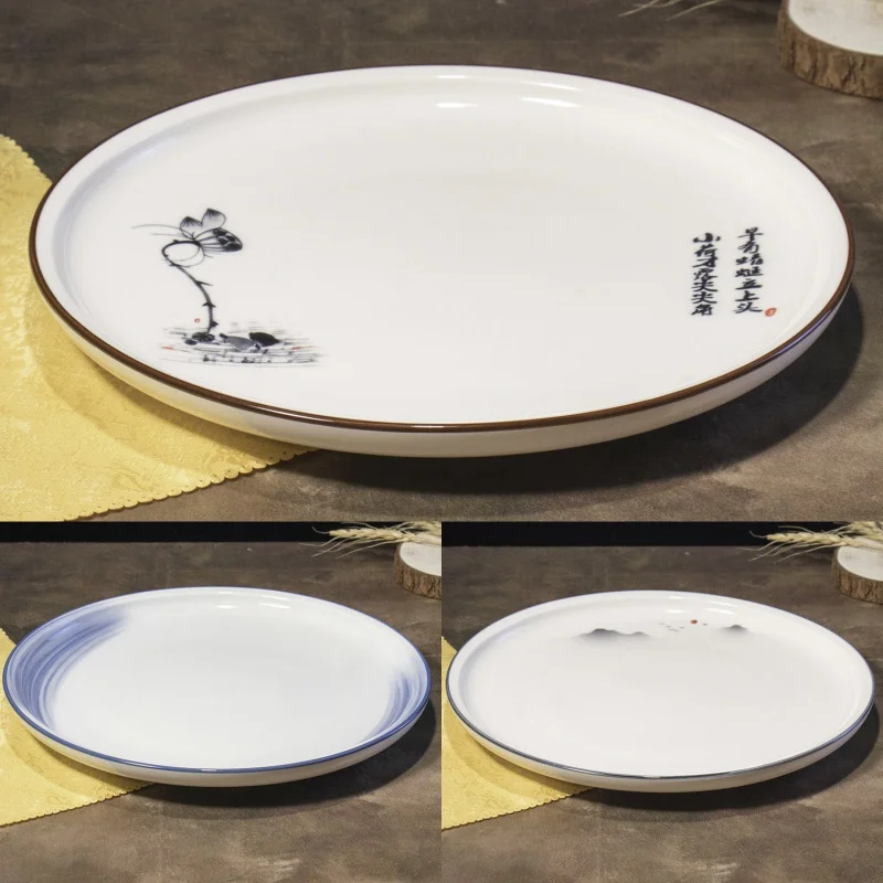 

Hotel Household High-Grade Ceramic Plate Antique Ink Lotus Plate Dish Azure Dinner Plate Ink Painting Classical Simplicity Cold