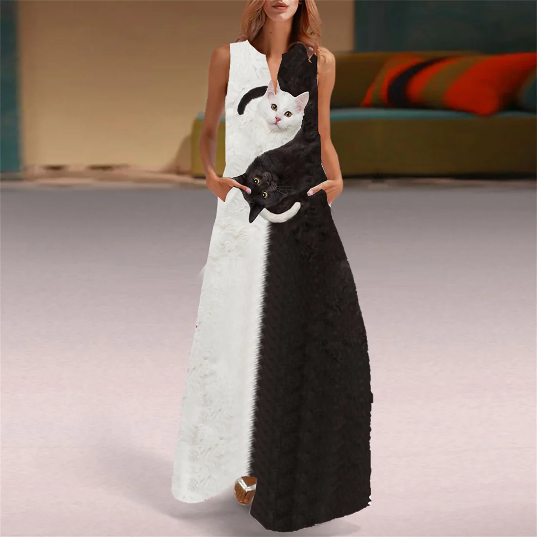 

High Quality Ladies V Neck Long Cat Print Dress Casual Elegant Slim Dress Beach Fashion Dress Ladies Mini Dress Cute Cat 2022