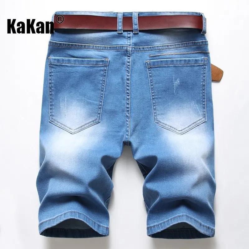 Kakan - European and American Men's Jeans In Holes, Blue New Elastic Patch Personalized Short Jeans Men's K02-386