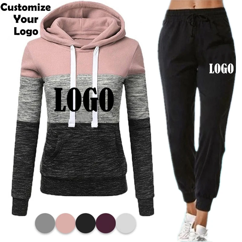 Custom LOGO Women Tracksuit Hot Sale Brand Patchwork Hoodies and Sweatpants 2Pieces Set Running Athletic Wear Casual Female Suit