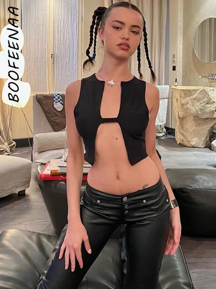 

Кроп-топ BOOFEENAA без рукавов Y2k, модная уличная одежда для женщин, сексуальный ночной клуб, черные майки