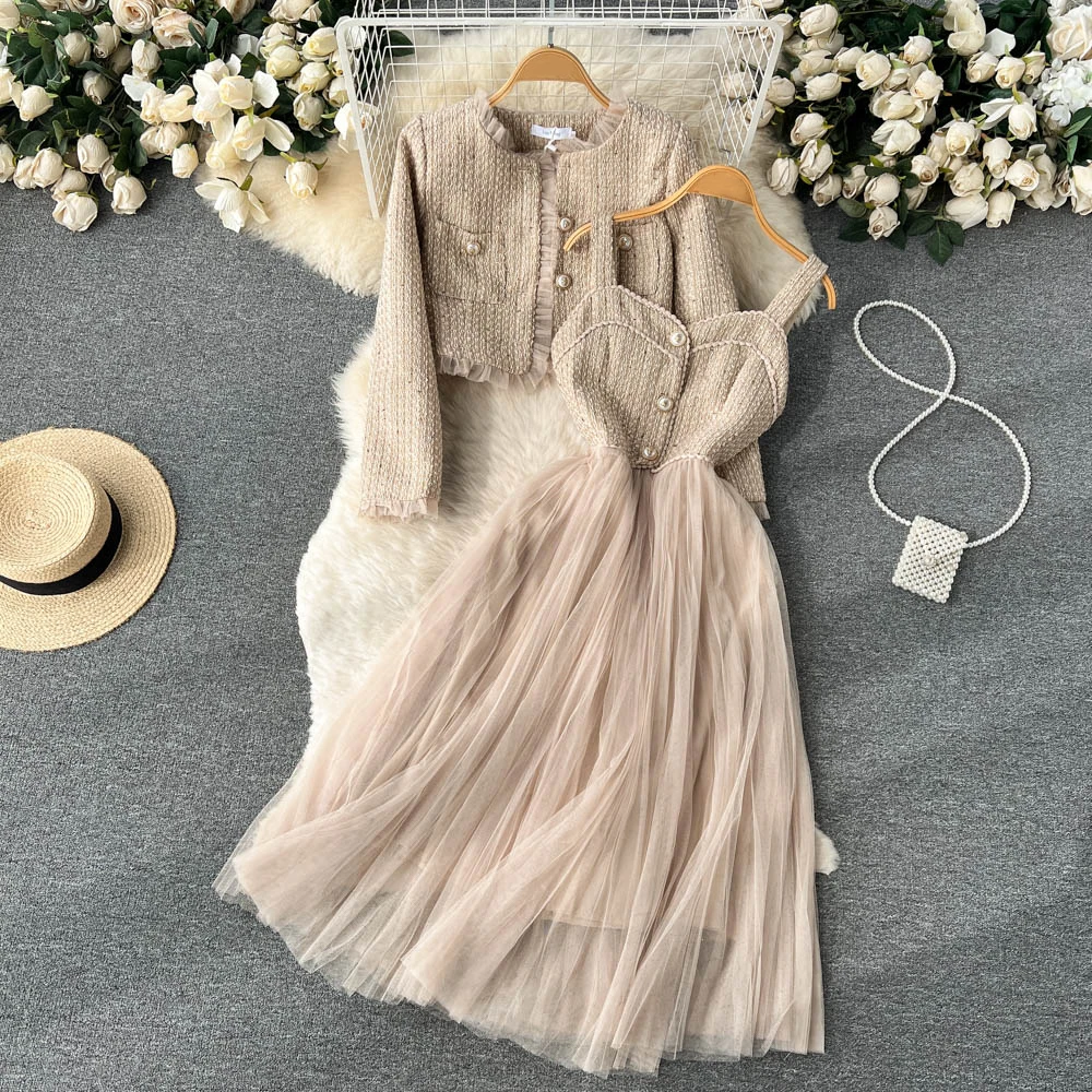 Clothland Women Sweet Tweed Dress Suit Long Sleeve Short Style Jacket Sleeveless Mesh Dresses Chic Two Piece Set TZ817