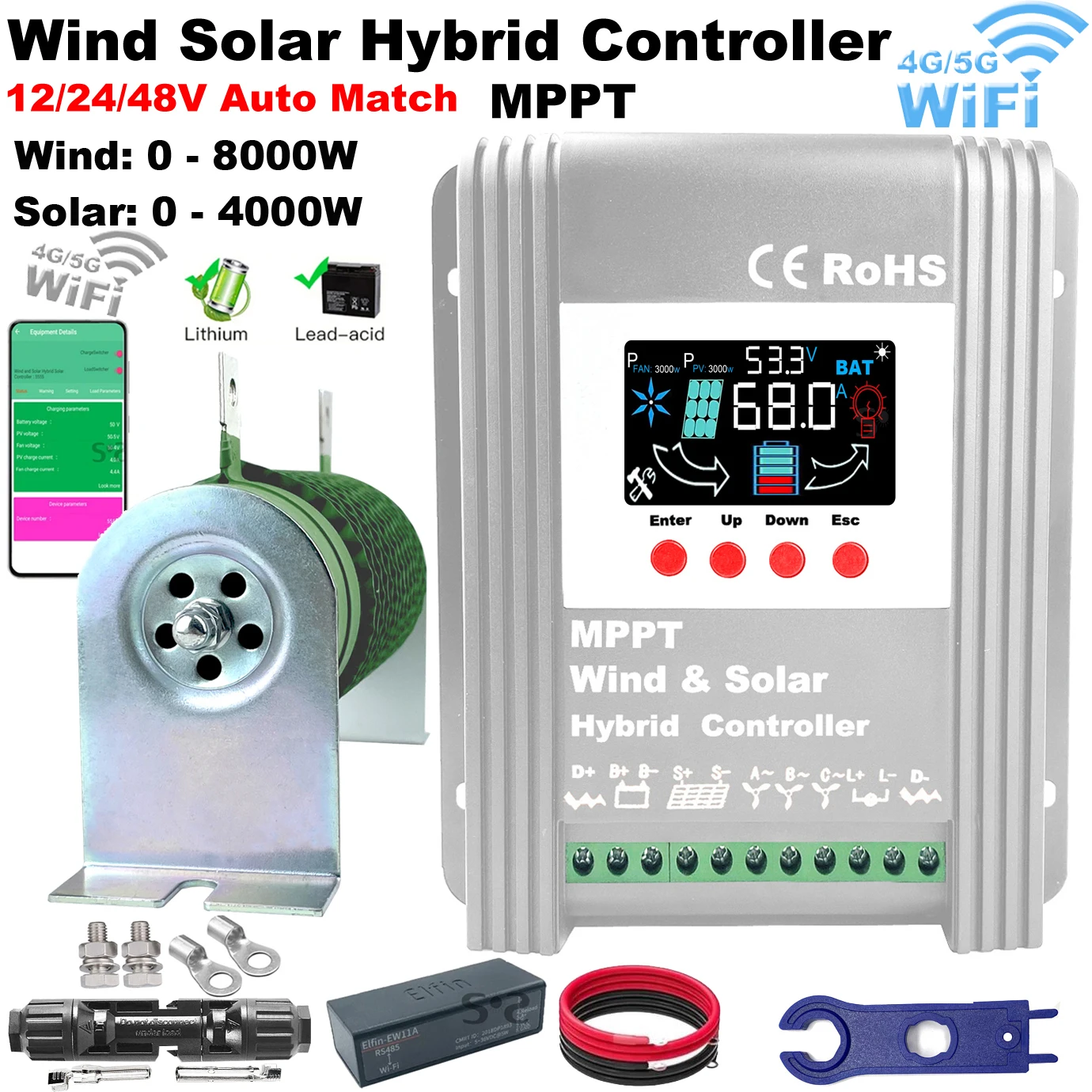 

8000W 12V 24V 48V MPPT Hybrid Wind Solar Charge Controller PV Turbine Booster Charging Regulator For Lifepo4 Lithium GEL Battery