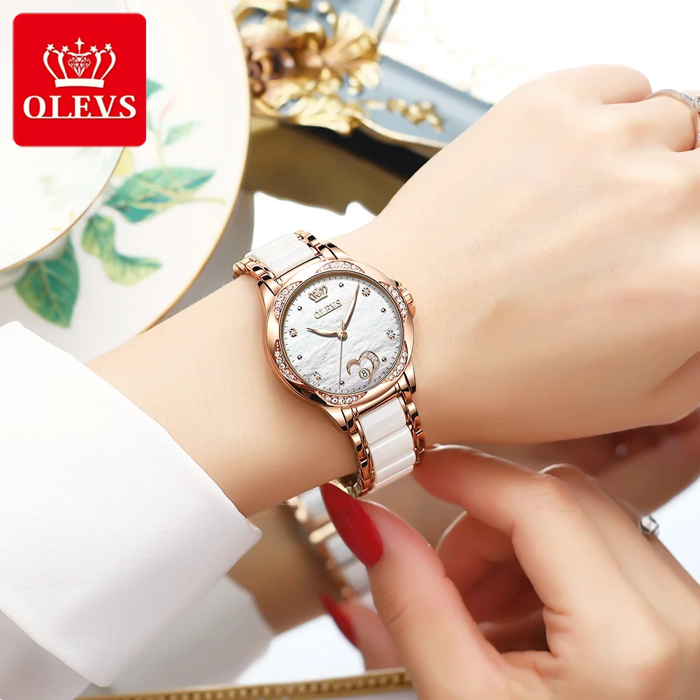 OLEVS Luxury Brand Women Mechanical Watch Ceramics White Watch Strap Automatic Mechanical Wristwatch for Women Gift Set