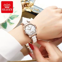 olevs luxury brand women mechanical watch ceramics white watch strap automatic mechanical wristwatch for women gift set