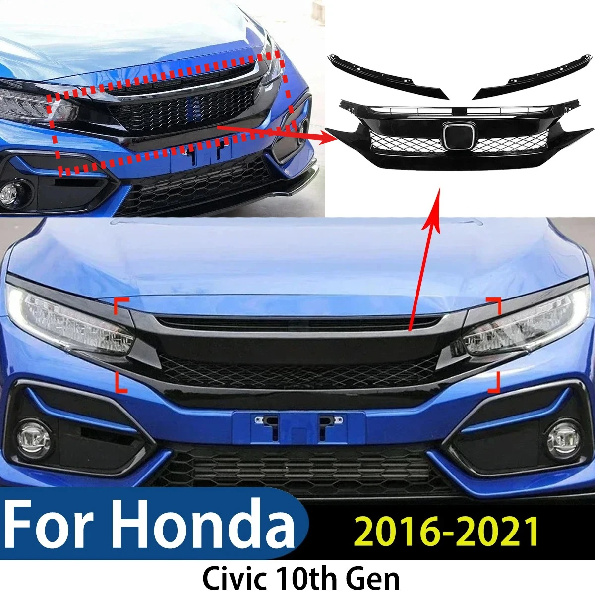 Фото Для Honda Civic 10-го поколения 2016 2017 2018 2019 2020 2021 автомобильный передний бампер гоночная решетка решетка верхний капот сетчатый обвес комплект внешний №1
