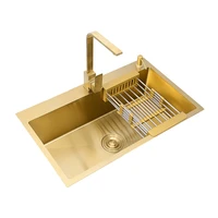gold kitchen sink above counter or undermount 304 stainless steel single bowl golden basket drainer soap dispenser washing