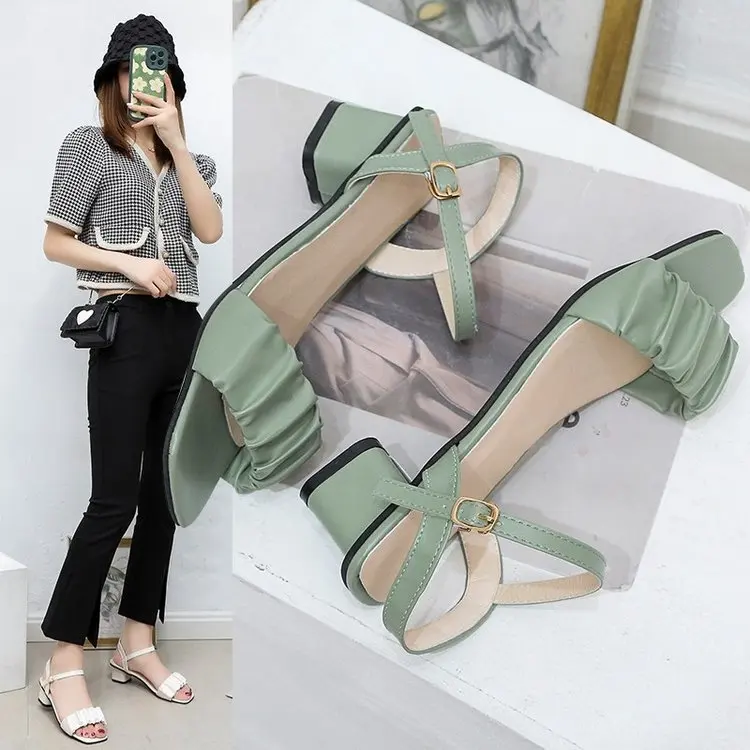 

Fashion Square Heel Womens Sandals Summer New Korean Pleated Ankle Buckle Casual High Heels Sandals Simple Rome Shoes green