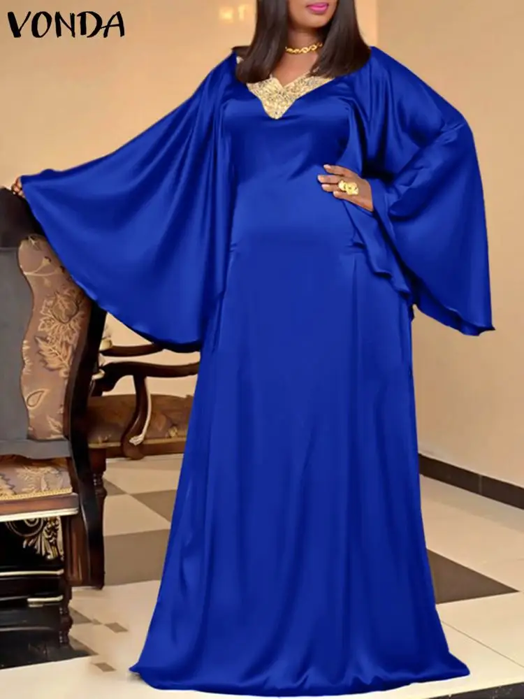 

VONDA 2022 Loose Dress Oversize Women Casual Party Pleated Maxi Dresses Polyester Evening Vestidos Women Long Sleeve Sundress