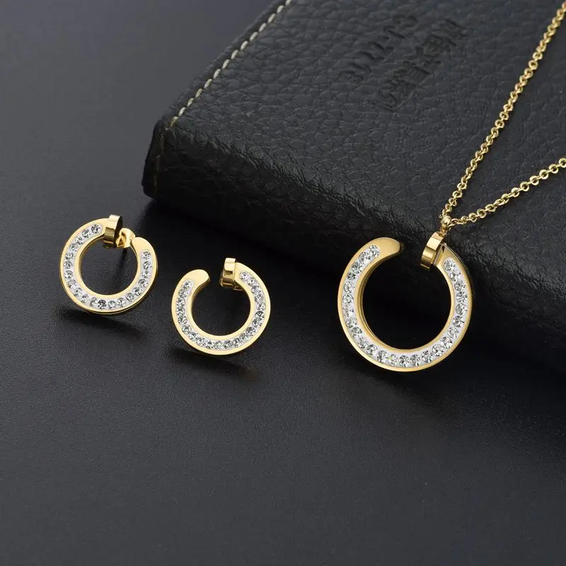 

New Brand Round Stainless Steel Women Female Charm Crystal Jewelry Sets Wedding Party Necklace and Earrings Birthday Gift