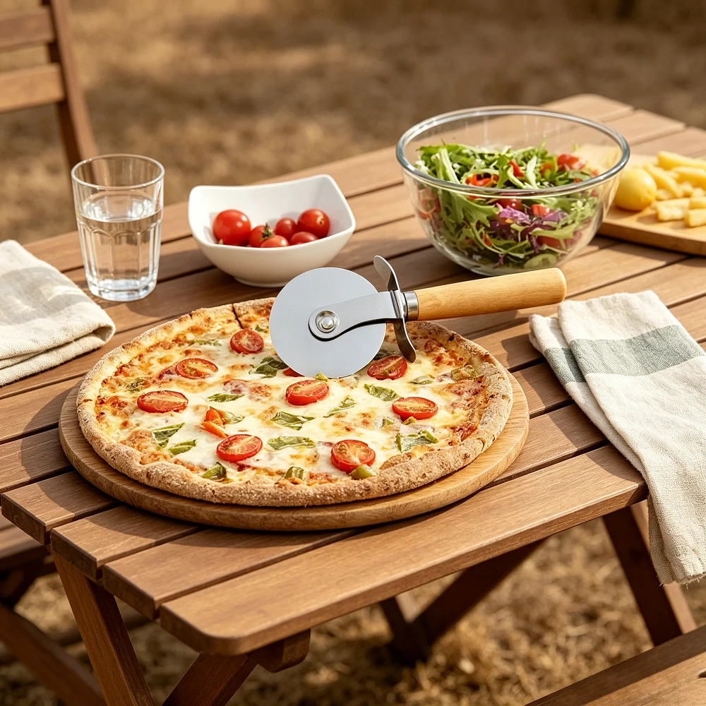 Фото Нож для пиццы с деревянной ручкой и лезвием из нержавеющей стали, острый круглый резак для теста, выпечки, хлеба, кухонный инструмент для нарезки №1