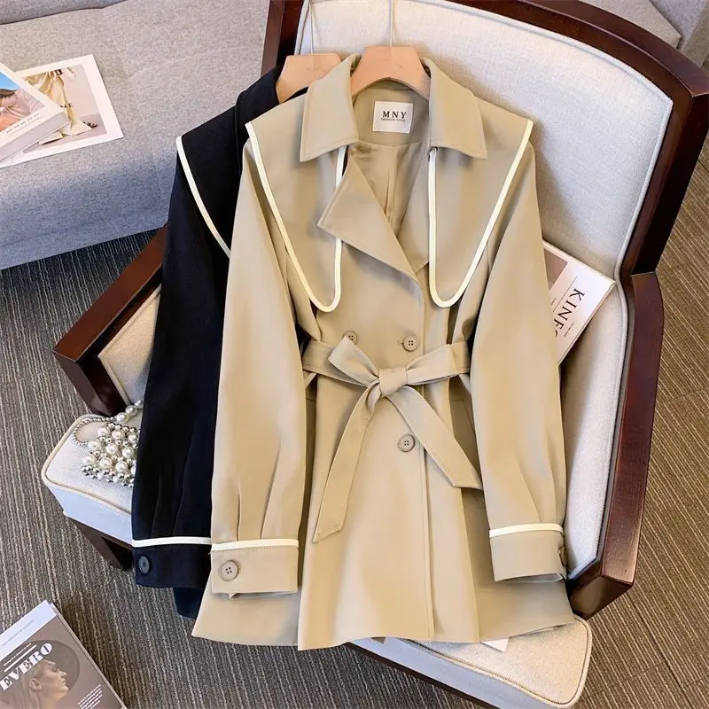 

Тренчкот женский однотонный с отложным воротником, Элегантный Модный хлопковый двубортный свободный, в винтажном стиле, с поясом, G334, на осе...