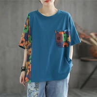 cotton stitching short sleeved t shirt womens 2022 summer new mothers clothing retro printing loose large size top