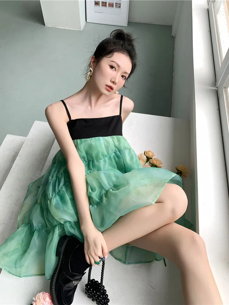 

Платье на бретельках ZCSMLL, Новинка лета 2022, женские платья с масляной живописью, зеленые Волнистые складки, многослойные сетчатые пушистые Л...