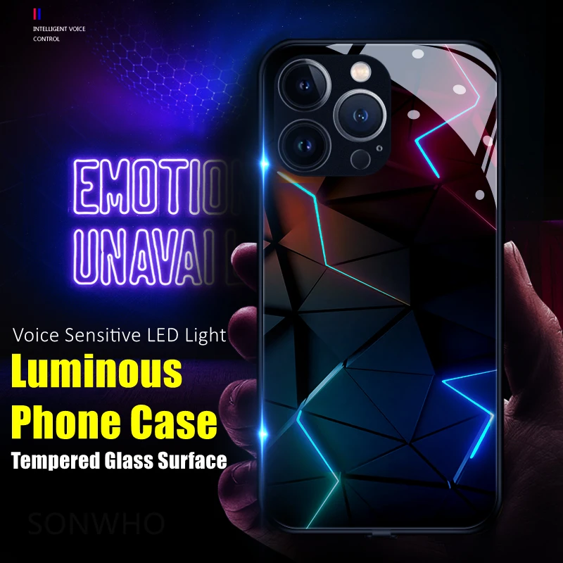 Luxury Geometry LED Light Glowing Luminous Phone Case for HUAWEI P30 P40 P50 Pro Mate30 40 Pro Plus Nova 7 8 9 Pro SE Accessory