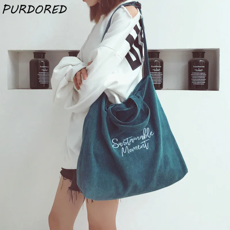 

PURDORED 1 Pc Korean Style Embroidery Letter Shoulder Tote Bag Large Corduroy Women Shopping Bag Reusable Bolsa Reutilizable