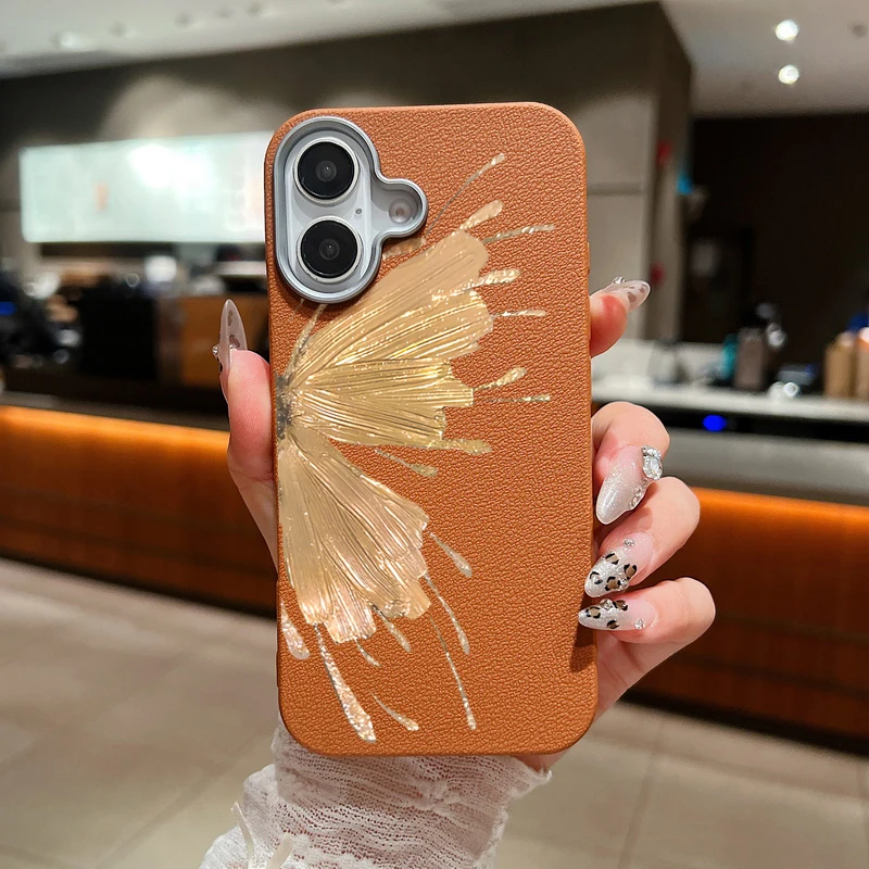 Чехол с позолоченной бабочкой для iPhone 16 Pro Max роскошный кожаный чехол текстурой