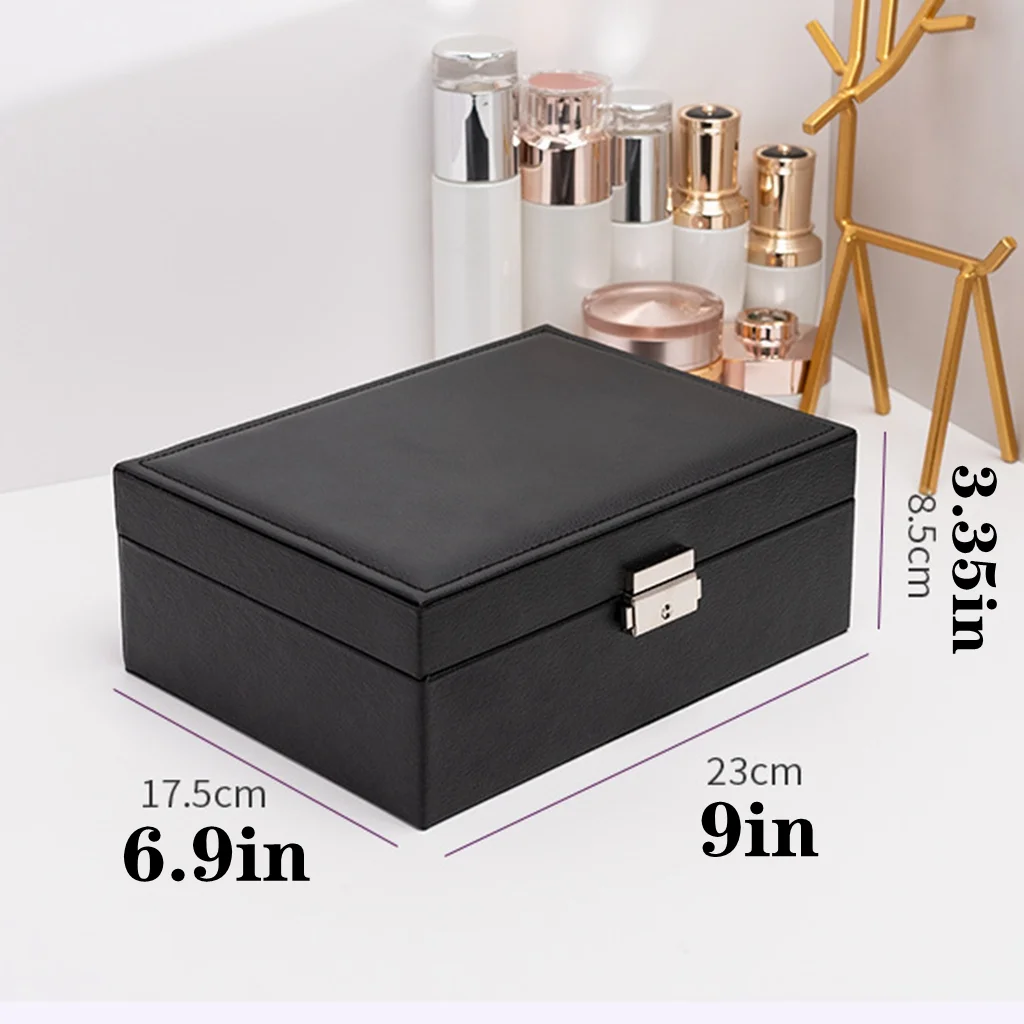 Double Layer Jewelry Box Black Stud Organizer Large Ring Necklace Makeup Holder Case PU Leather Jewelry Box with Lock for Women