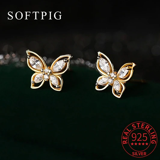 

SOFTPIG Real 925 Sterling Silver Zircon Butterfly Insect Stud Earrings For Women Trendy Fine Jewelry Minimalist Accessories
