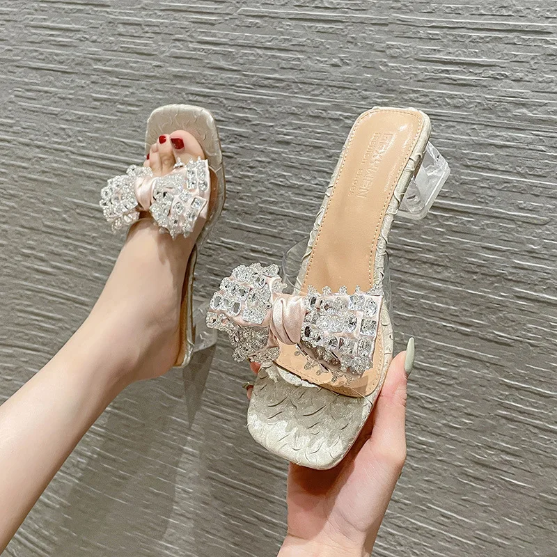 

Sandals Women's New Crystal High-heeled Shoes Thick-heeled Transparent Net Red Pull-on Slideswomen's Zapatos De Mujer Clear Heel