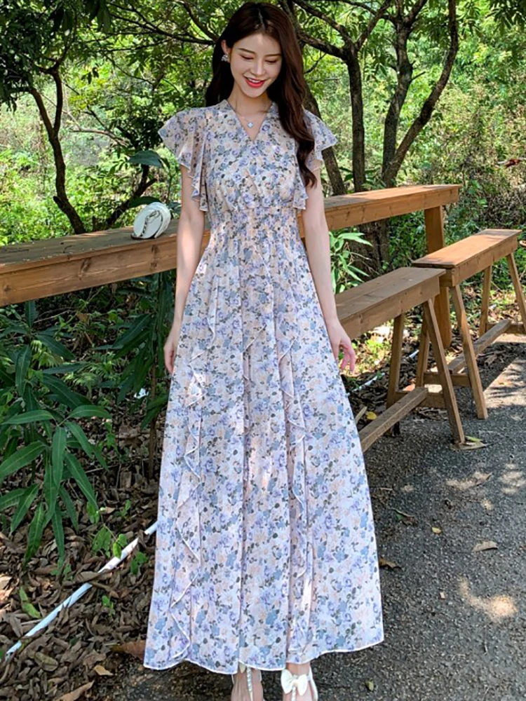 Женское шифоновое платье с оборками повседневное Длинное Элегантное в стиле