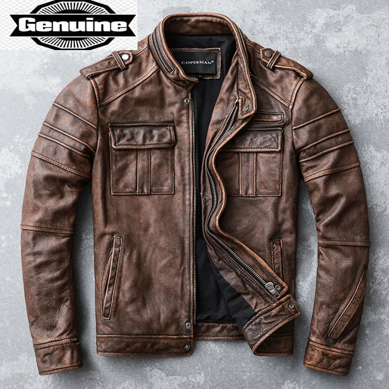 

Coe 2023 Real Vintage Men Leather Jacket Autumn Stand Collar Motorcycle Coat Streetwear Men's Clothing Chaquetas WPY3312