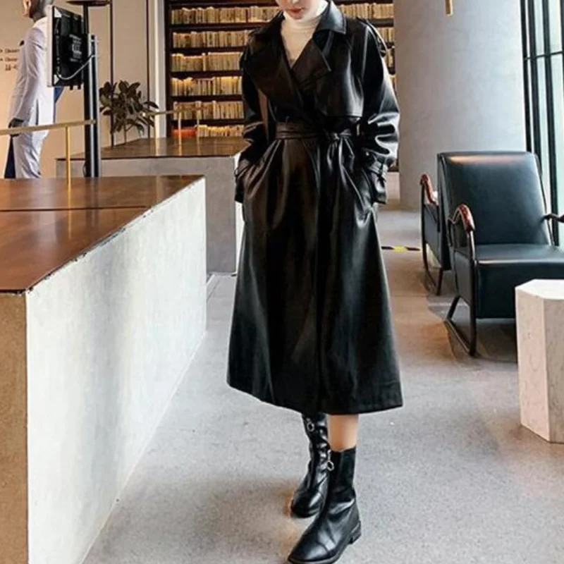 Autumn Spring Black Oversized Long Waterproof Leather Trench Coat for Women 2023 Long Sleeve Loose Korean Fashion Clothing