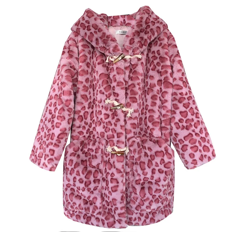 Winter Women's Rose Pink Leopard Faux Fur Medium Long Occupy Loose Coat Cow Horn Buckle Coat