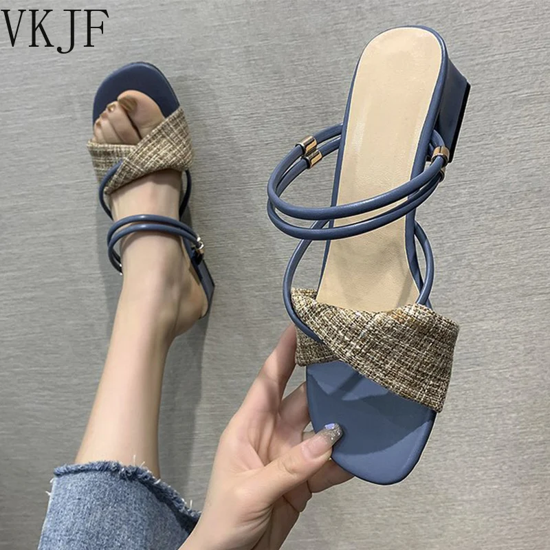 

Women Summer Chunky Sandals 2022 New Brand Dress Slippers Sexy Party Flip Flops Open Toe Pumps Slingback Shoes Shallow Slides