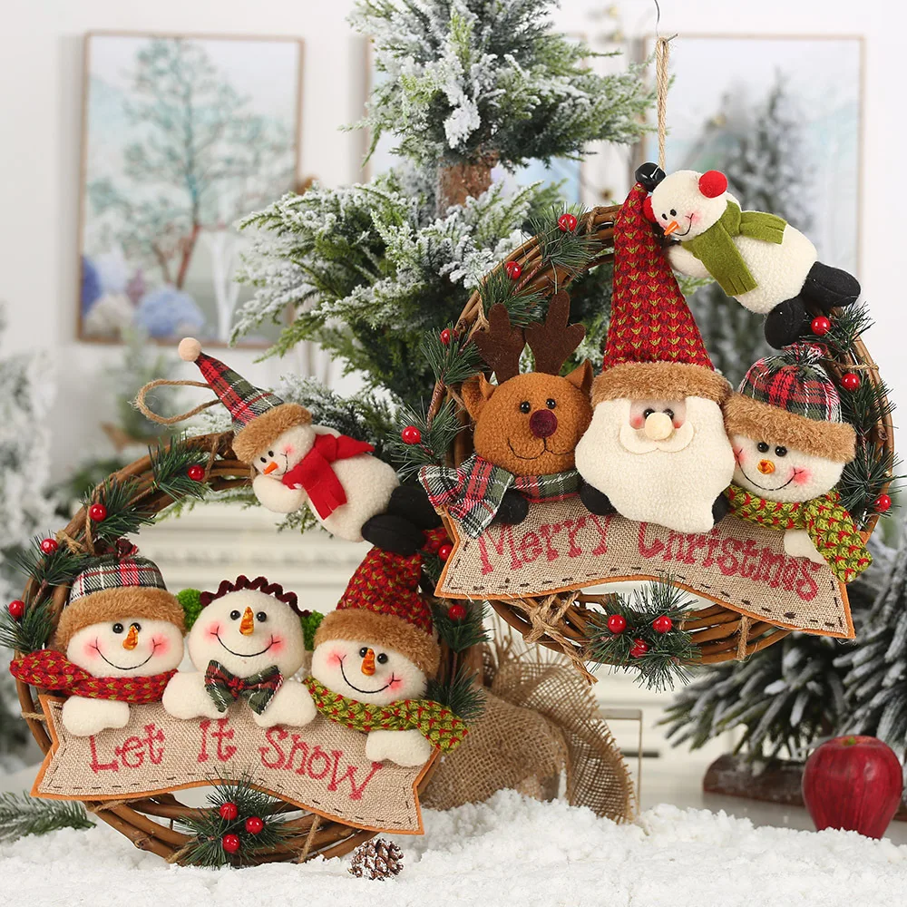 

29CM Christmas Wreath Pendants with Plush Santa Snowman Doll Artificial Rattan Hanging Garlands Ornaments Home Party Decorations