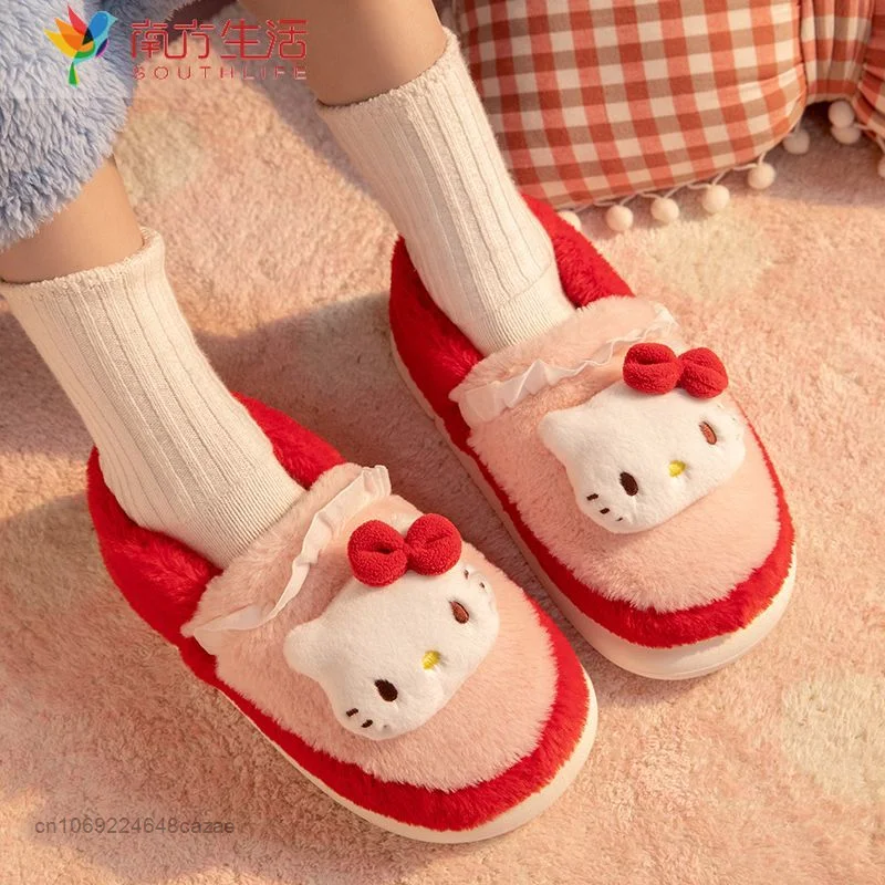 Sanrio Hello Kitty Plush Soft Bottom Non Slip Slippers Cotton Korean Style Kawaii Winter Slippers Thick Sole Warm Shoes Women