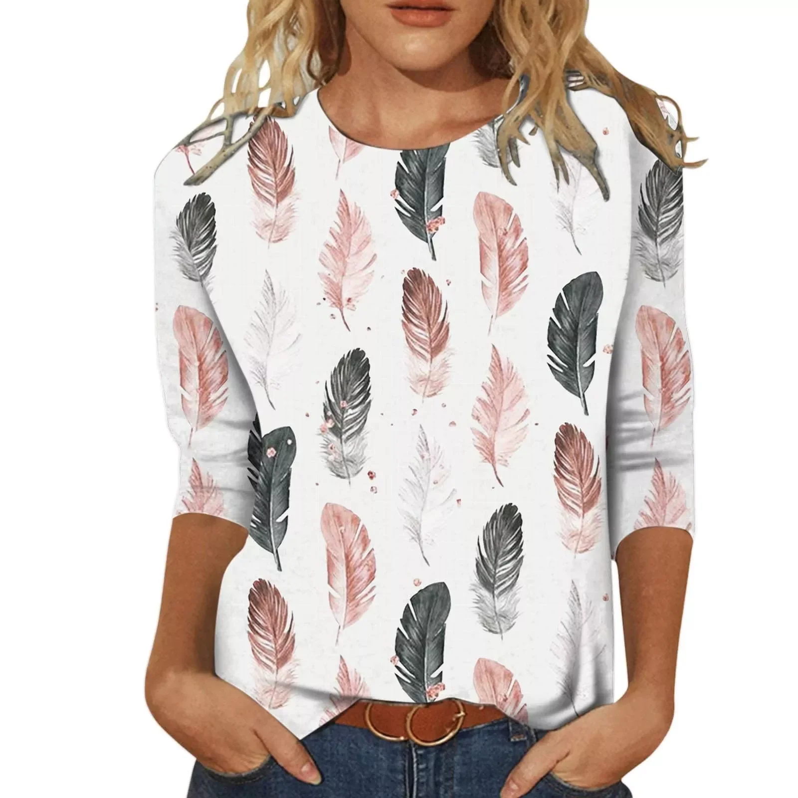 

All-match Women Dangling 3/4 Sleeve Loose T-shirts Fashion Leaf Print Tops Pullover Elegant Office Commute Blouses