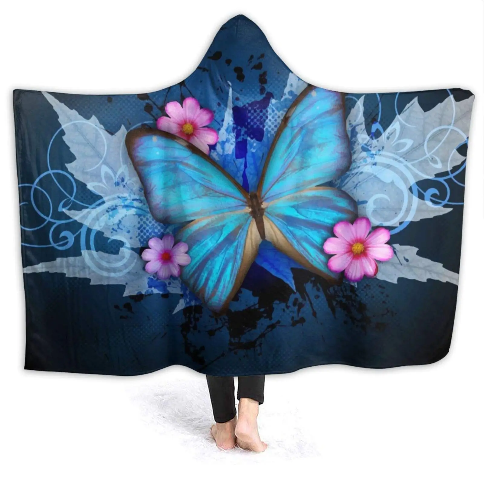 

Фланелевое Флисовое одеяло с капюшоном и принтом синих бабочек