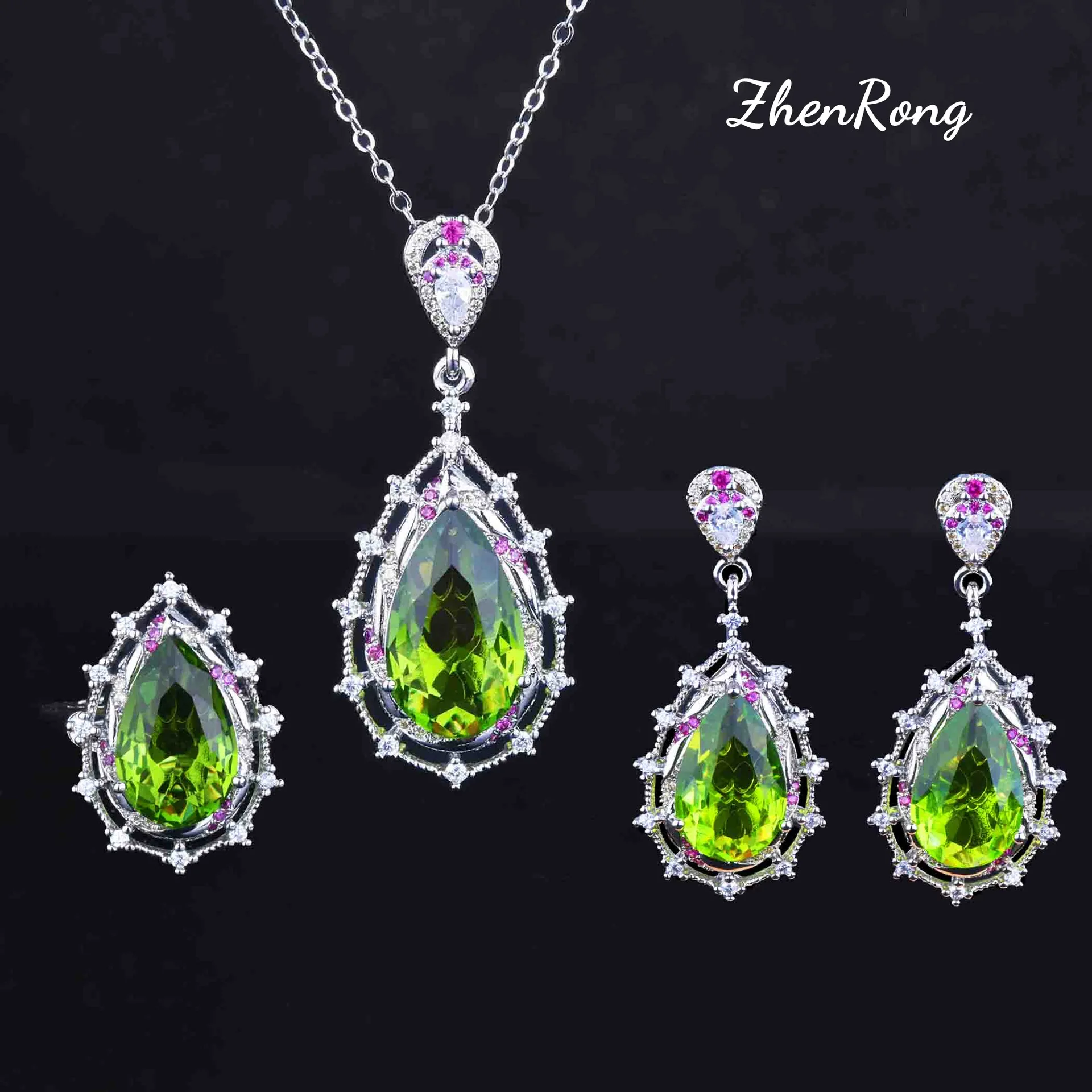 

Luxury Olive Green Stone Silver Color Jewelry Sets For Women Earrings Pendant Necklaces Rings Wedding Valentine's Day Gifts