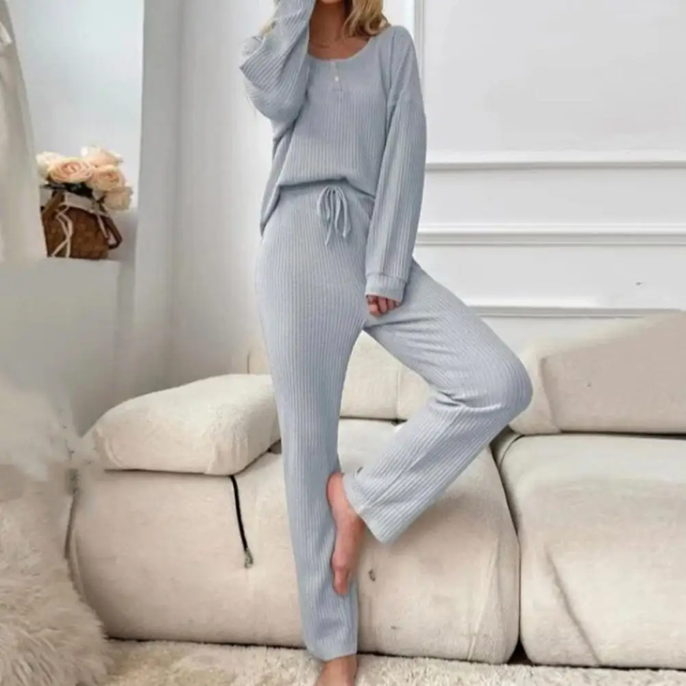 

Мягкая дышащая одежда для отдыха, Женский однотонный пижамный комплект с Вафельной текстурой, удобные топы с круглым вырезом, повседневные широкие брюки с эластичным поясом