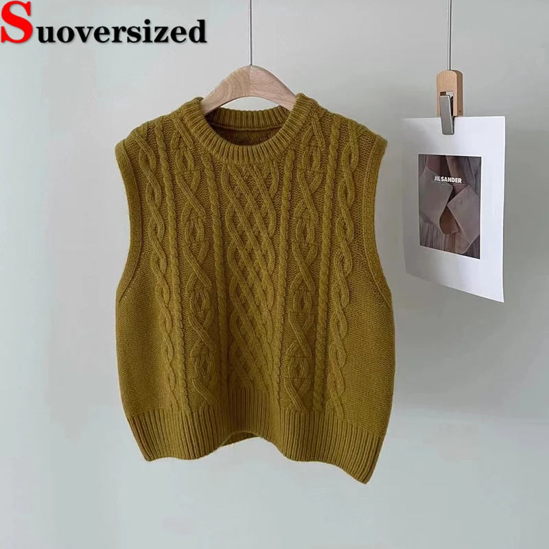 

Vintage O Neck Knitted Vest For Women Fall Winter Fashion Sweater Waistcoat Loose Cropped Sleeveless Tops Twist Knitwear Colete