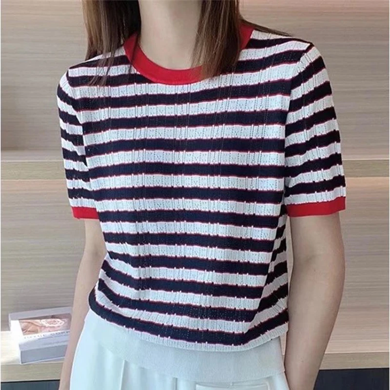 

2023 Summer Korean Style Tee Shirt Femme O Neck Striped T Shirt For Women Knitted Tops Short Sleeve Tshirts Female Ropa De Mujer