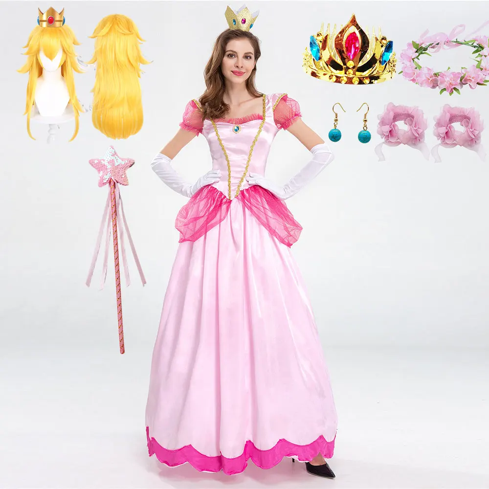 Princess Peach Adult Cosplay Costume Women Fantasia Dress Party Prom Halloween Clothing Dress Up Disney Anna Elsa Mermaid Gowns