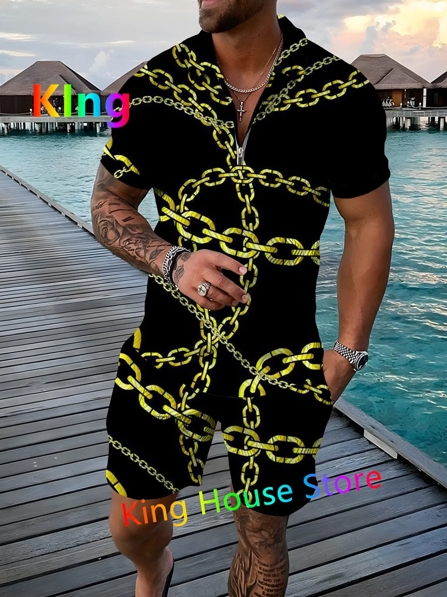 Fashion Men Casual Set Streetwear Luxury Chain Printing Short Sleeve Polo Shirt+Shorts Summer Harajuku Sportswear Men's Clothing