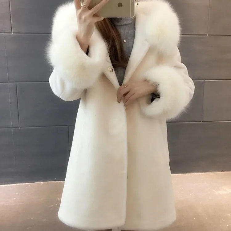 M GIRLS Fashion Winter New Hooded Sheep Sheared Fur Coat Wool Coat Women's Medium And Long Fox Hair Thickened Korean Slim Fit
