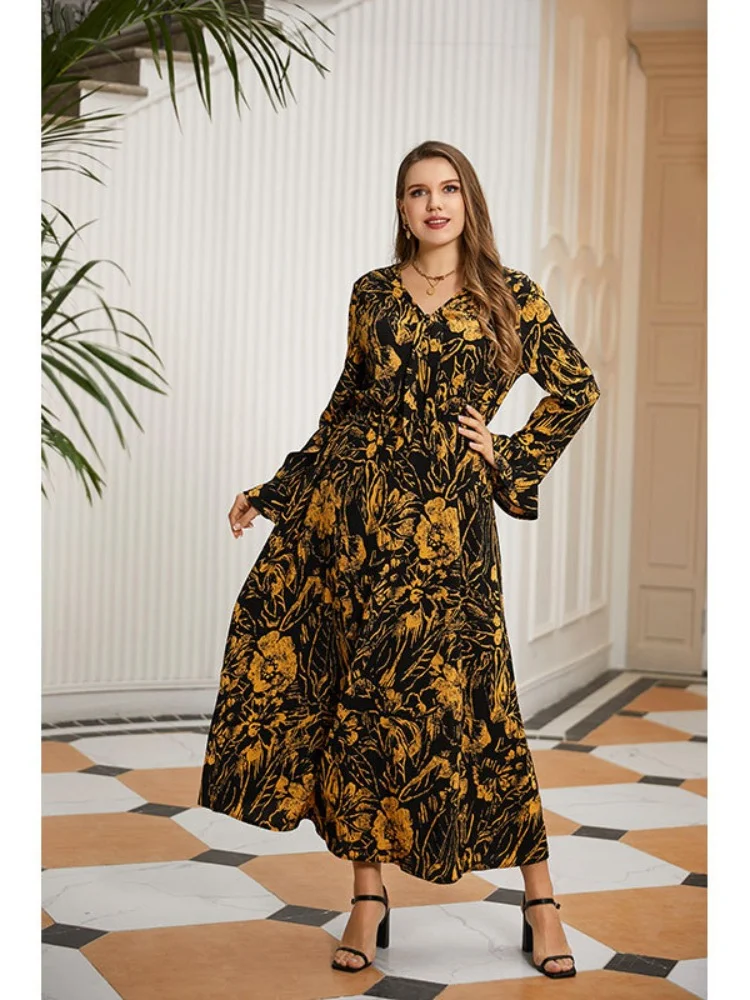 New feminine plus-size women's vintage mid-length loose floral casual V-neck dress plus size women clothing  party dresses